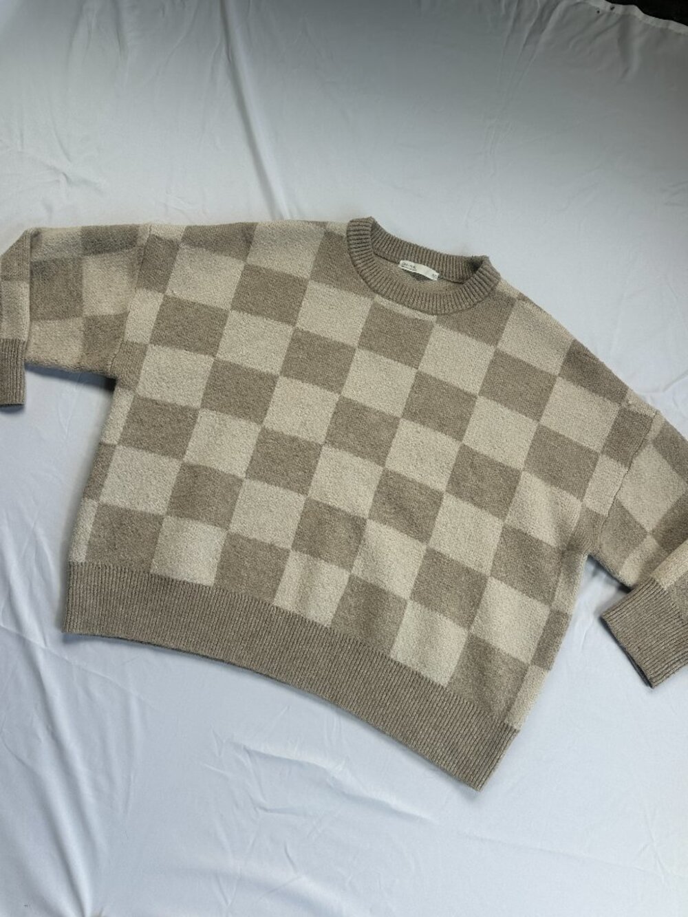 Oak + Fort Oversized Checkered Crewneck Knit Sweater Neutral Boho - Size S